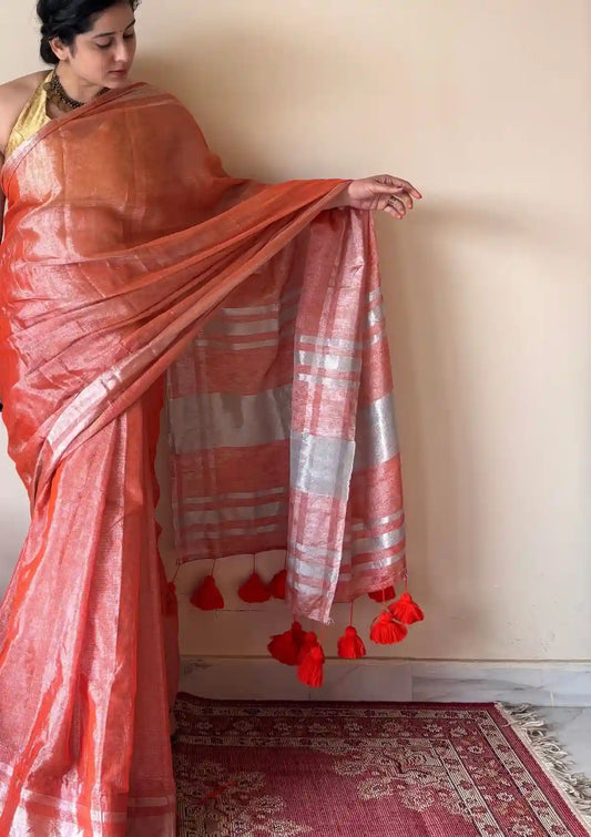 Zariya Coral Linen Tissue Saree with Silver Zari Border
