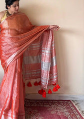 Zariya Coral Linen Tissue Saree with Silver Zari Border