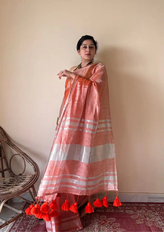 Zariya Coral Linen Tissue Saree with Silver Zari Border