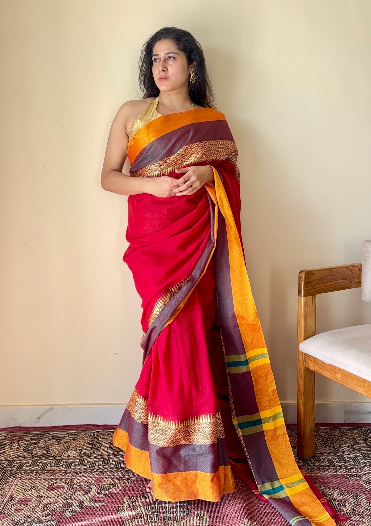 Rudhira Red Temple Border Handloom Pure Cotton Saree - Qatha 