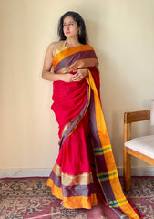 Rudhira Red Temple Border Handloom Pure Cotton Saree - Qatha 