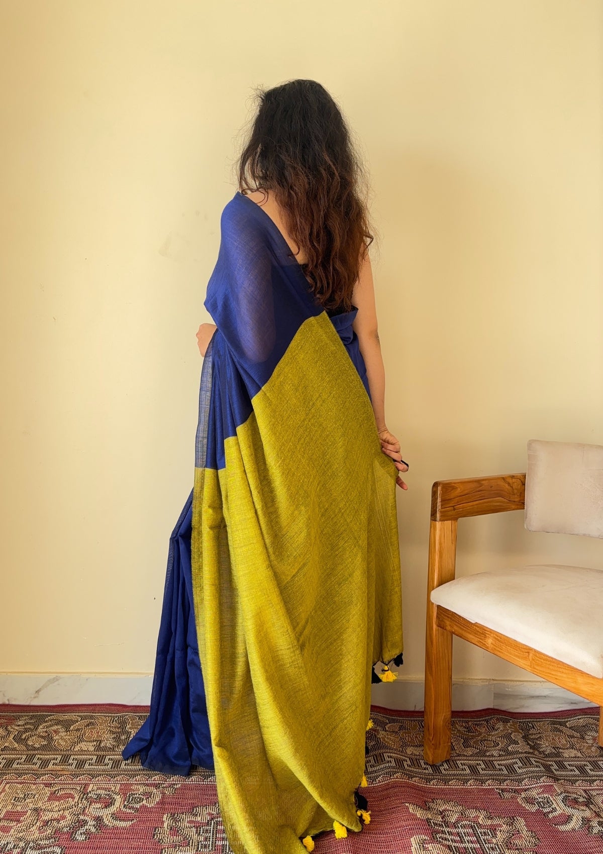 Neelaya Blue and Yellow Pallu Mul Cotton Saree with Tassels - Qatha 
