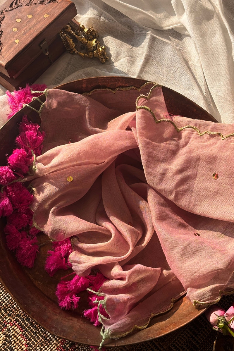 Tara Blush Pink Soft Mulmul Cotton Sequin Saree with Scalloped Border - Qatha 