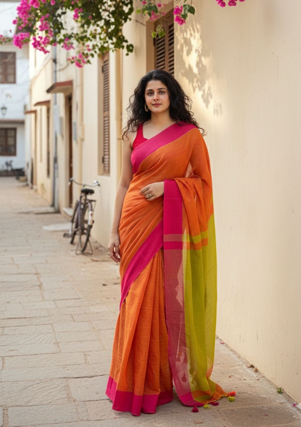 Charu Orange and Lime Green Pure Handloom Cotton Saree With Tassels