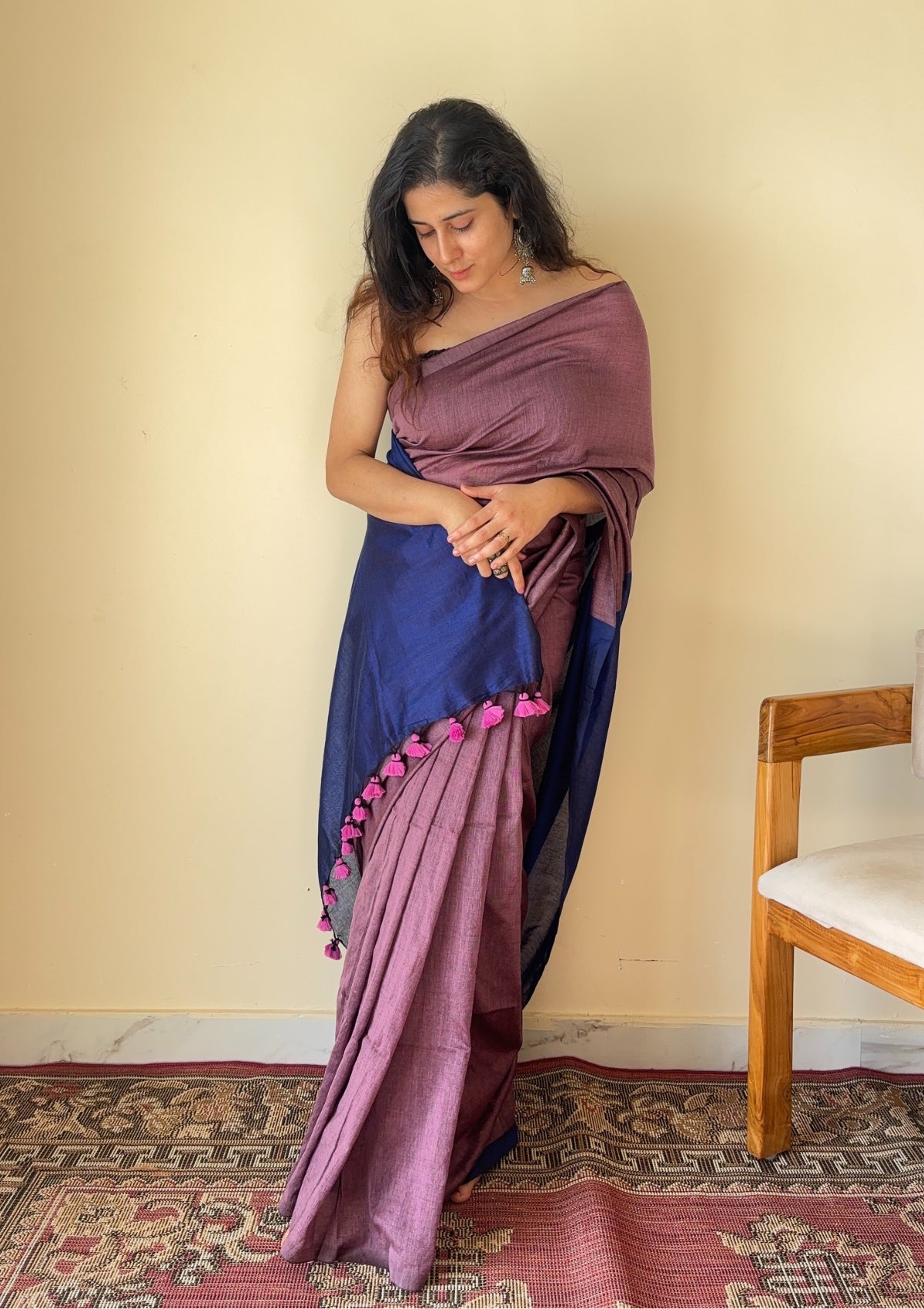 Chitrangada Jamuni with Blue Pallu Mul Cotton Saree with Tassels - Qatha 
