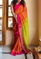 Charu Orange and Lime Green Pure Handloom Cotton Saree With Tassels