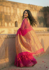 Gulal Pink Pure Cotton Handloom Saree with Silver Border and Tassels