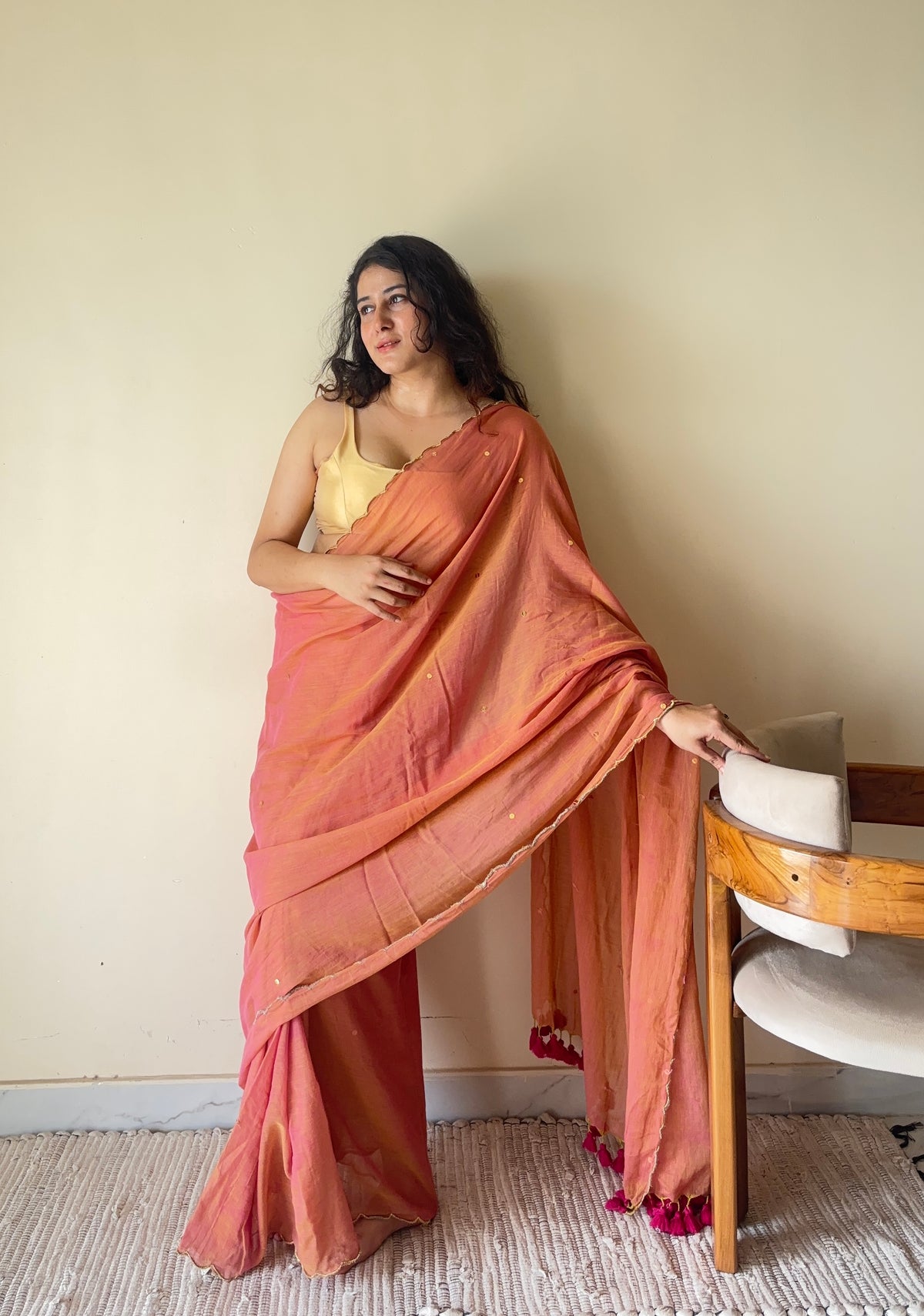 Tara Blush Pink Soft Mulmul Cotton Sequin Saree with Scalloped Border
