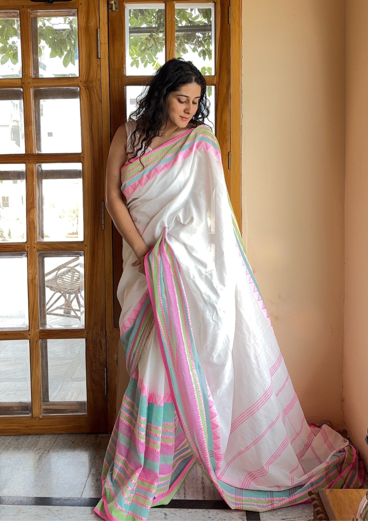 Chandrika White Handloom Cotton Saree with Pink & Green Temple Border