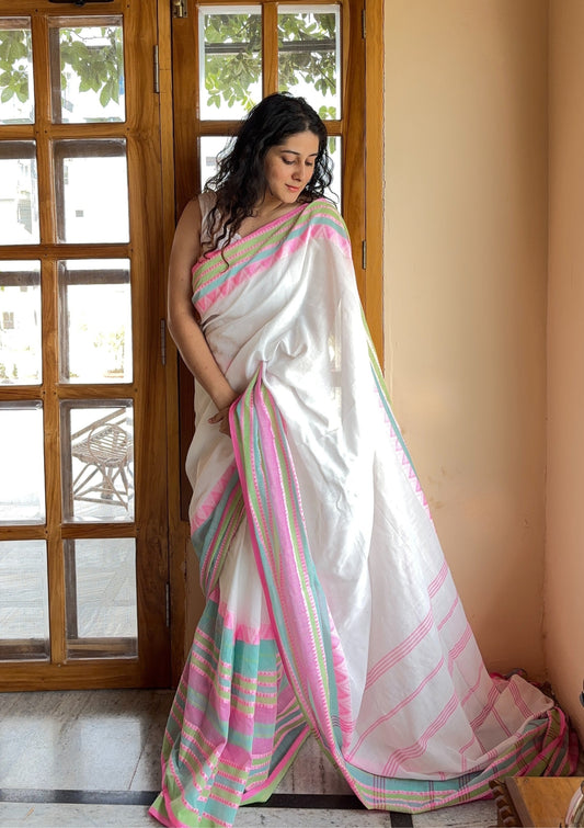 Chandrika White Handloom Cotton Saree with Pink & Green Temple Border