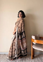Adya Linen Cotton Bagru Handblock Printed Saree | Black & Beige