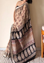 Adya Linen Cotton Bagru Handblock Printed Saree | Black & Beige