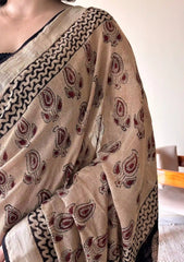 Adya Linen Cotton Bagru Handblock Printed Saree | Black & Beige